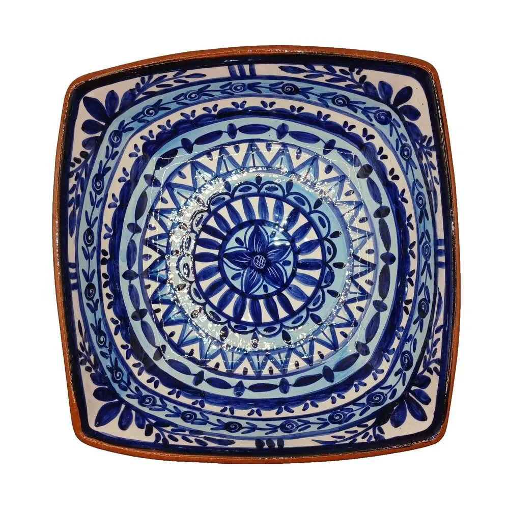 Olaria S.P Corval Bowl Hand Painted Blue & White Terracotta Mandela Pattern 9x9